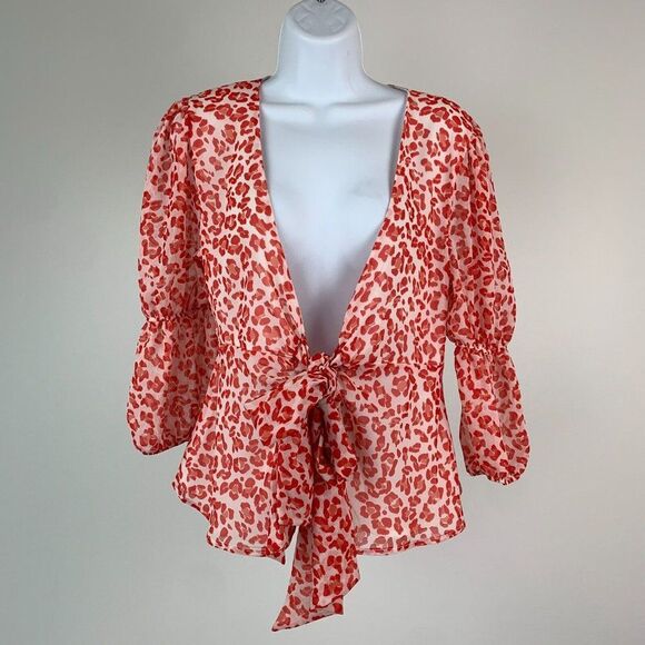 Sweet Pea New York & Co sz XS Blouse Tie Front Deep V-neck Leopard Print New - Picture 1 of 7